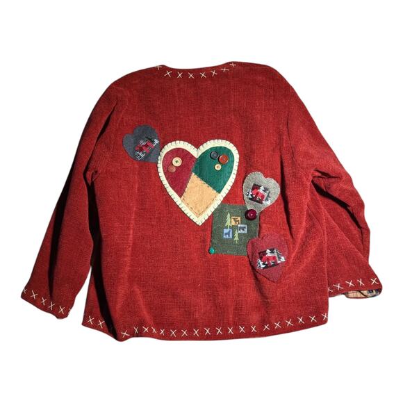 Vtg 1990s Country Lace Red Chenille Heart Applique Open Front Cardigan Sz XL - Picture 2 of 5